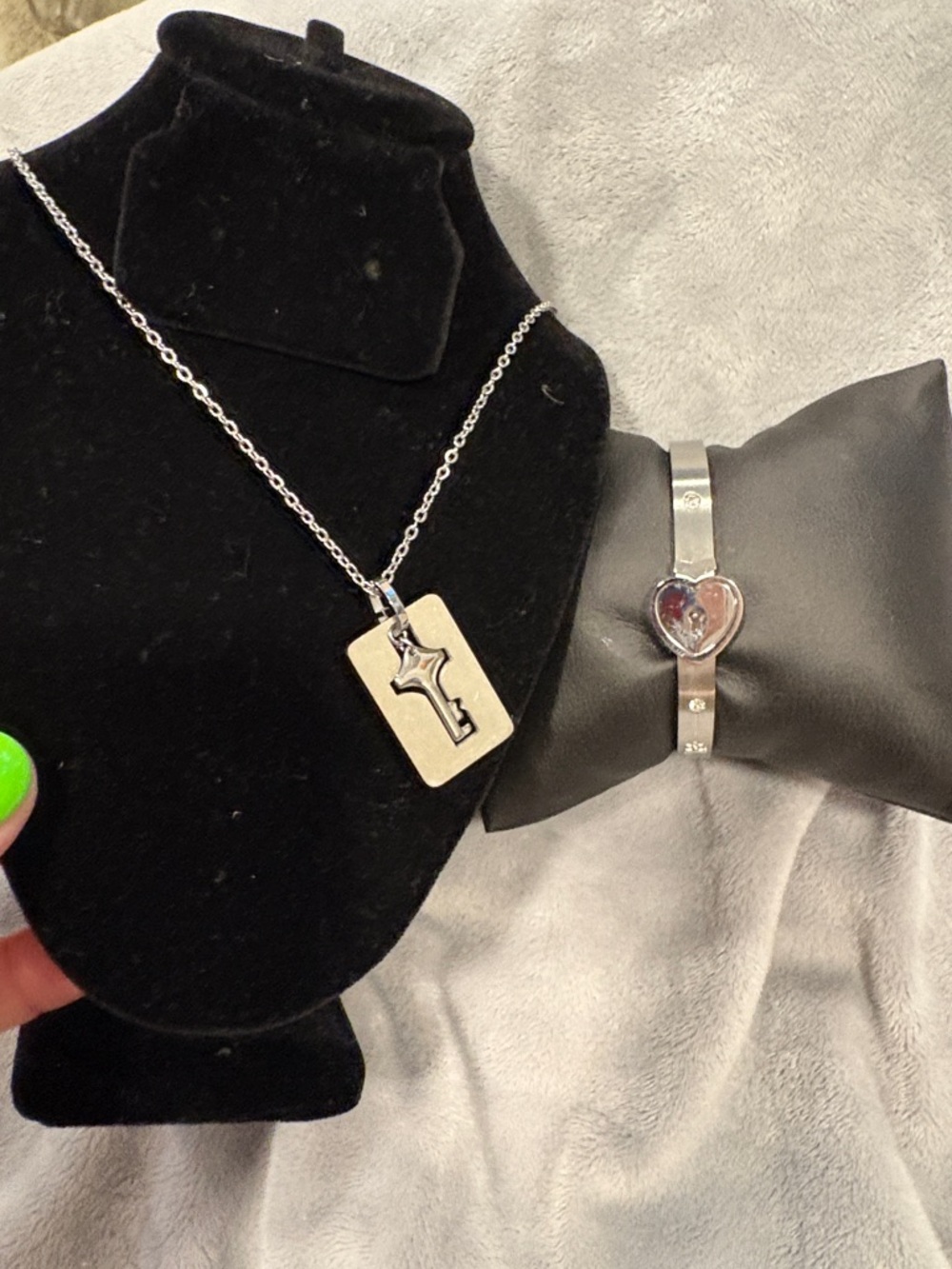 Lock and Key Pendant Necklace and Heart Bangle - Silver, Couple, Besties